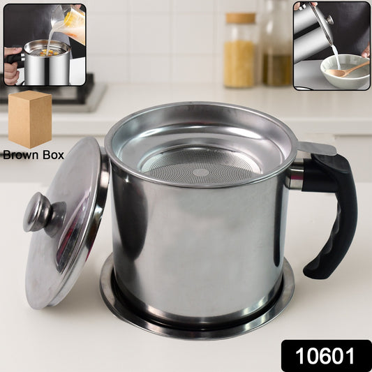 Stainless Steel Oil Strainer Pot with Lid & Filter Mesh | Grease Storage Container with Heat-Resistant Handle & Easy Pour Spout (1 Set)