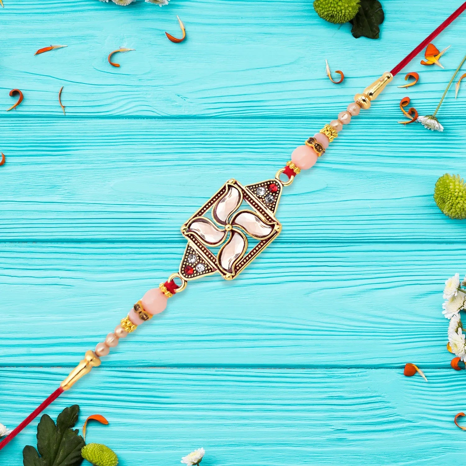 Designer Rakhi With Swastik-inspired Kundan Dial And Decorative Beads - warehousetech13