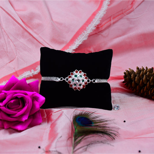 Traditional Floral Rakhi With Red Green Stones Silver Designer Rakhi For Brother - warehousetech13
