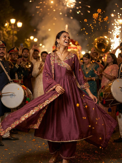 Kayra Wine Paisley Embroidered Sequin Angrakha Silk Suit Set