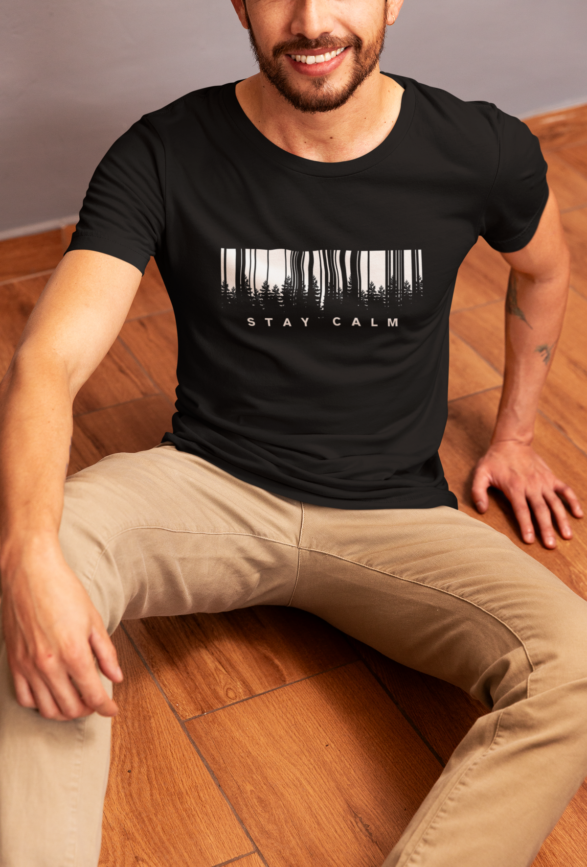 Stay Calm Forest Barcode Graphic T-Shirt - Black