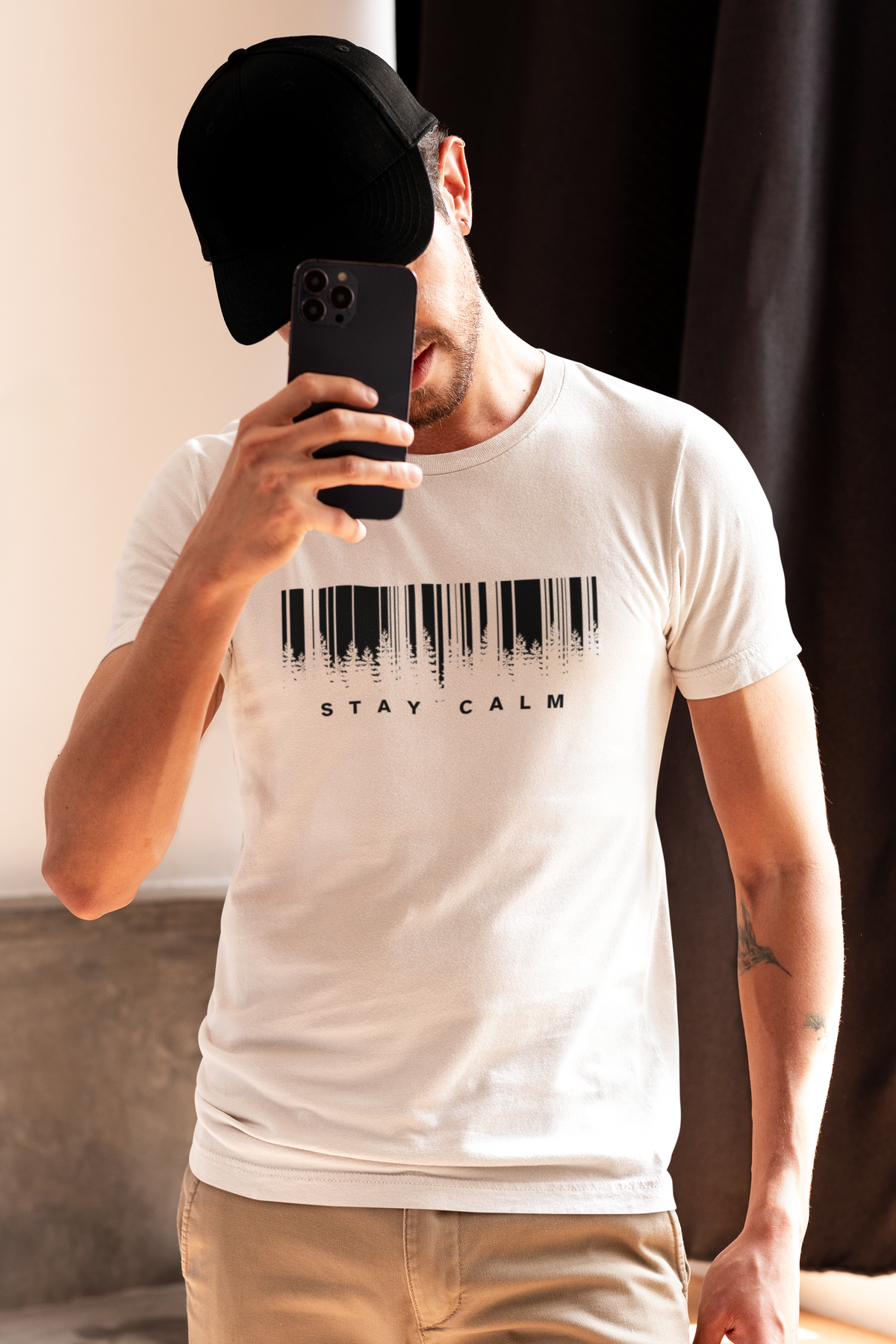 Stay Calm Forest Barcode Graphic T-Shirt - White