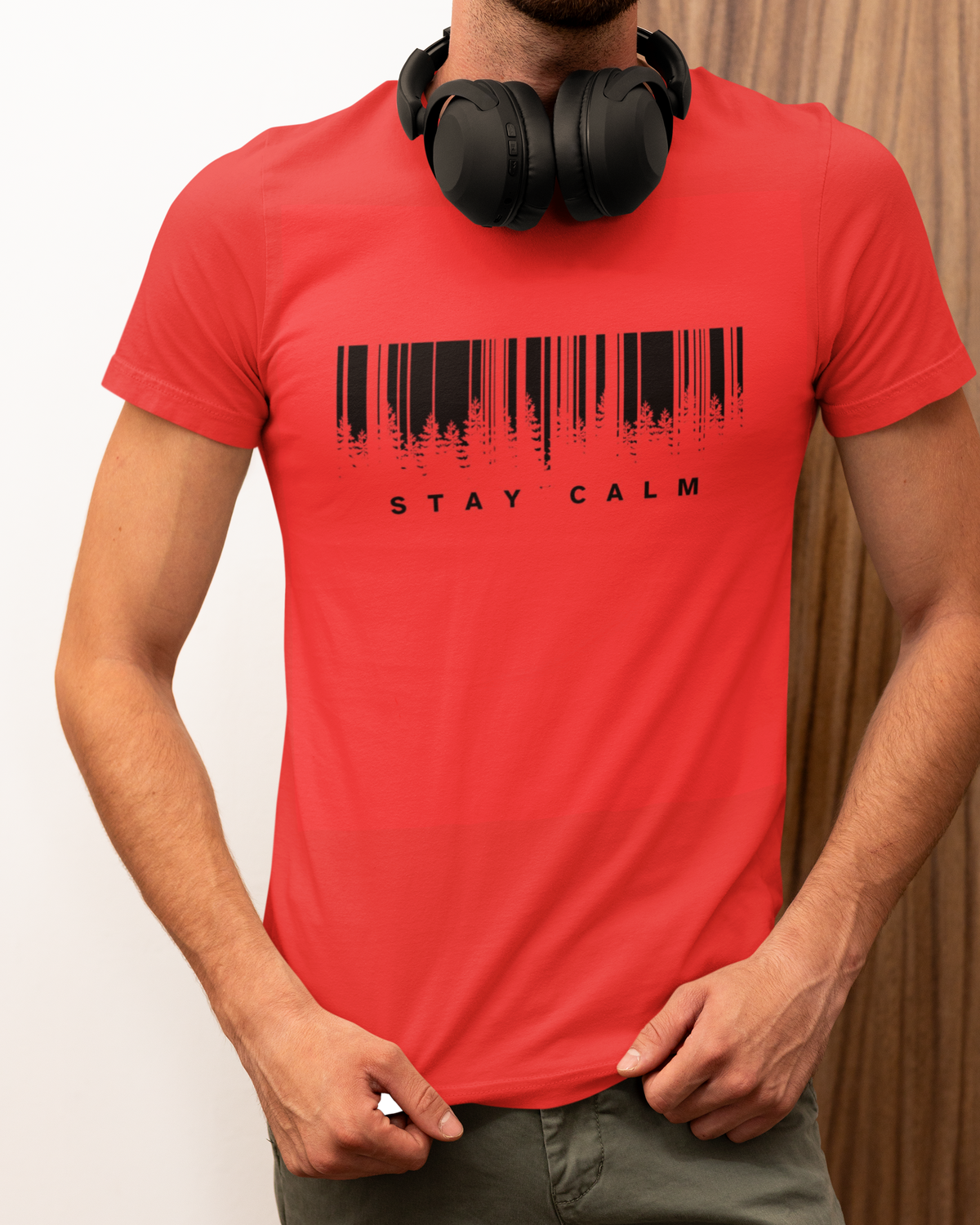 Stay Calm Forest Barcode Graphic T-Shirt - Red