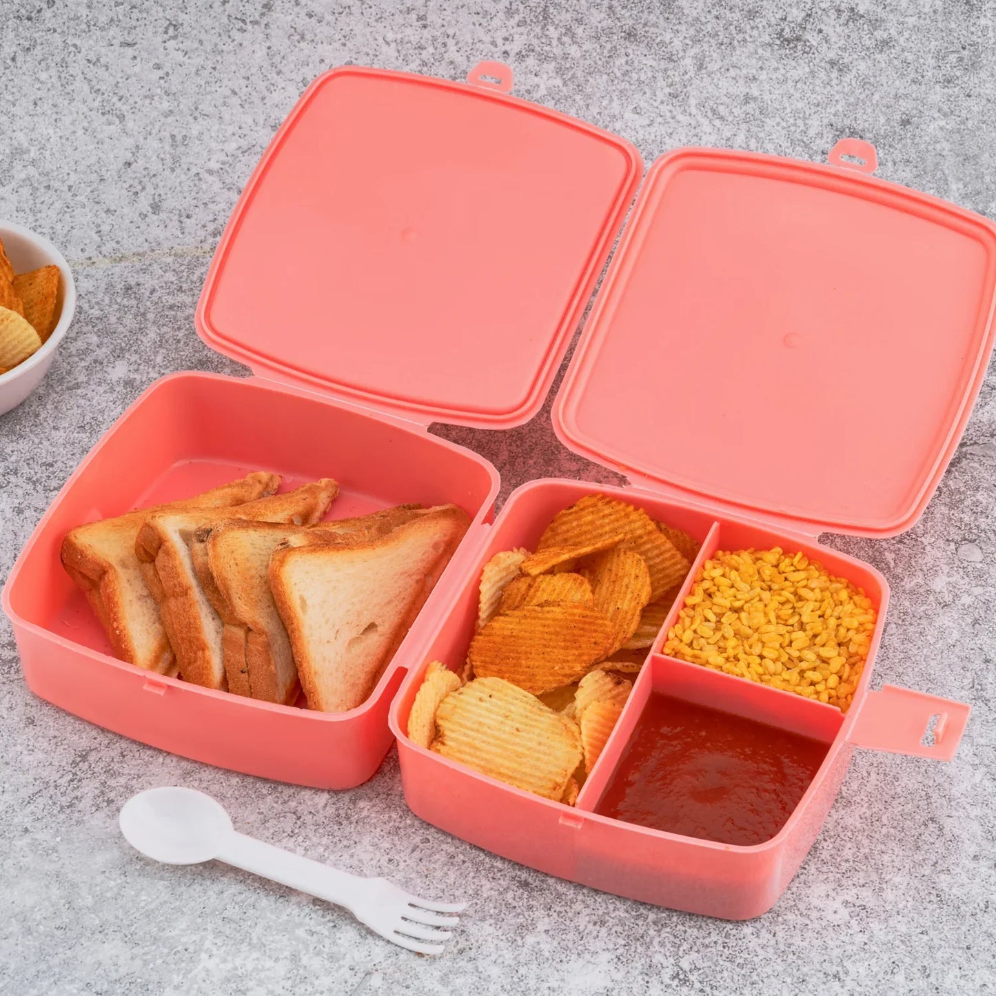 5787 Double-layer Square Lunch Box With Spoon 4 Compartment Tiffin Push Lock Plastic Tiffin Box For Travelling School Kids Office Exclusive Home - warehousetech13