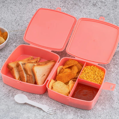 5787 Double-layer Square Lunch Box With Spoon 4 Compartment Tiffin Push Lock Plastic Tiffin Box For Travelling School Kids Office Exclusive Home - warehousetech13