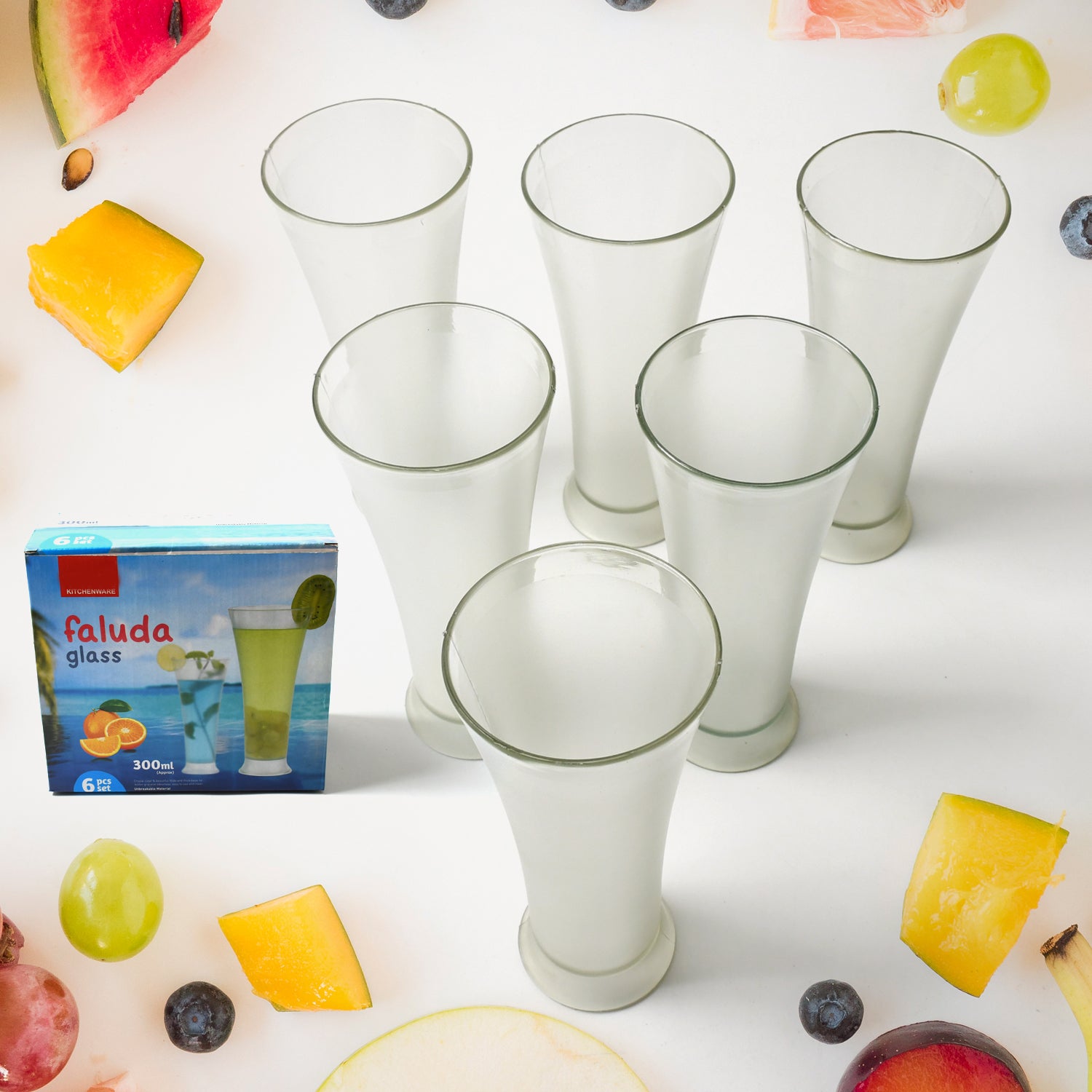 High Quality Faluda Ice Cream Juicer And Water Glasses Set Of 6 Transparent Drinking Water Glasses Stylish Glasses For Faluda Water Juice Glass Set Of 6 Pcs (300 Ml Approx) - warehousetech13