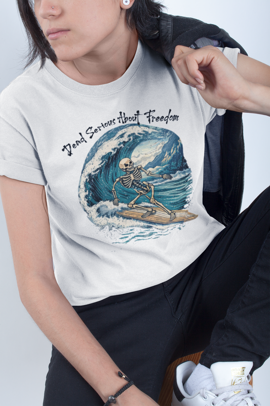 Dead Serious About Freedom Surfing Skeleton T-Shirt - White