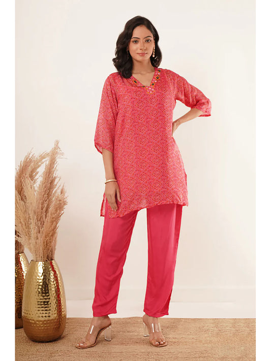 Dhaara Women Bandhani Printed Regular Mirror Work Kurti with Trousers