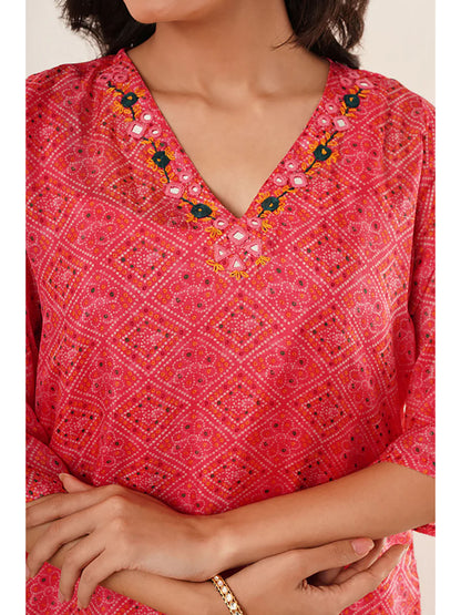 Dhaara Women Bandhani Printed Regular Mirror Work Kurti with Trousers - warehousetech13