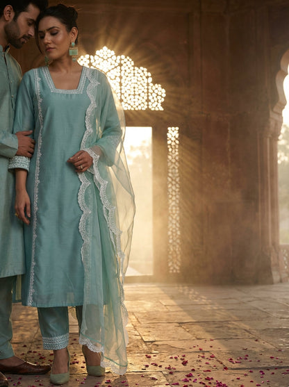Kayra Aqua Aari Embroidered Chinnon Silk A-Line Suit Set with Cotton Lining
