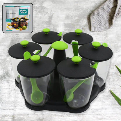 Multipurpose 6 Piece Miracle Revolving Plastic Spice Container Rack With 6 Spoon Condiment Set Masala Rack Set - warehousetech13