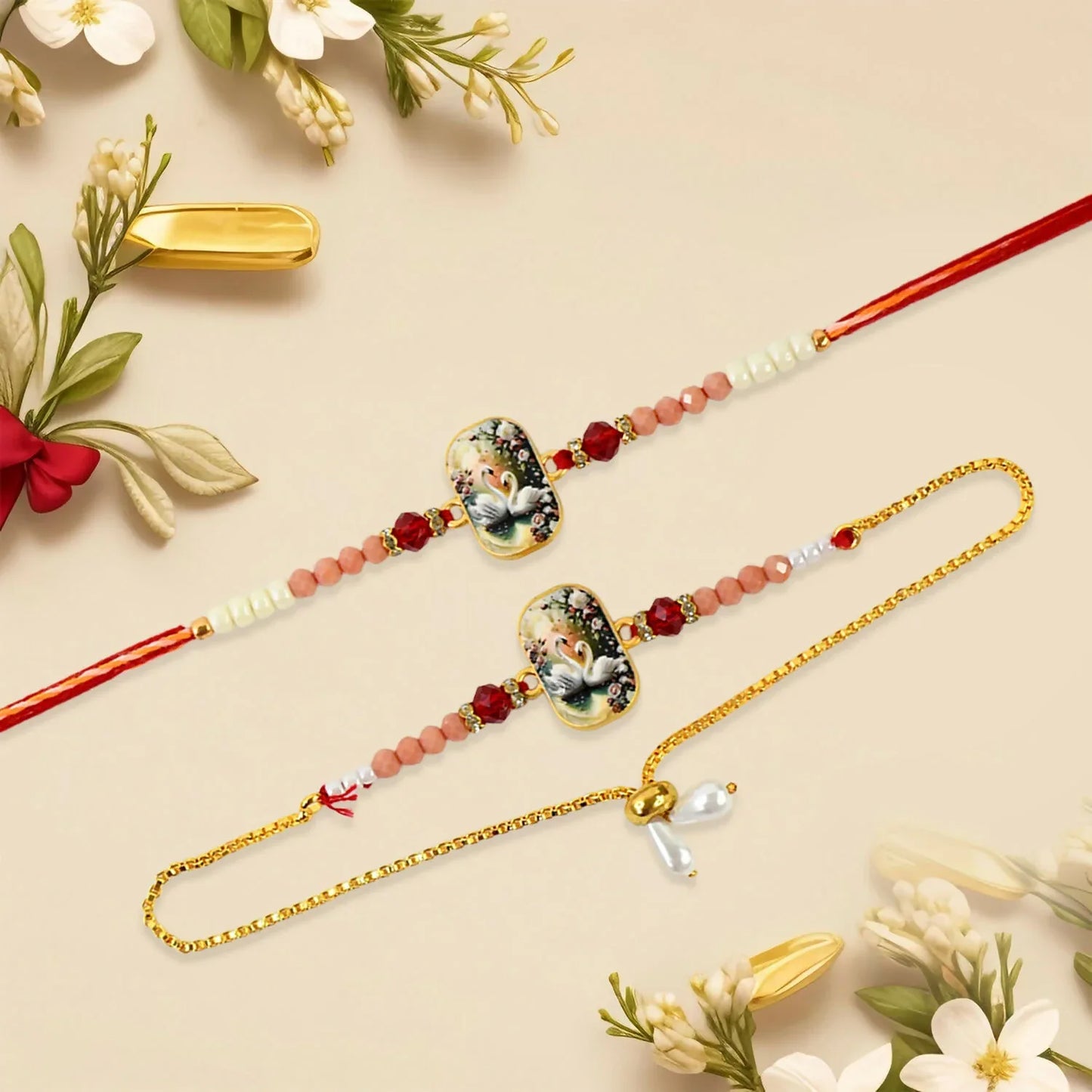 Elegant Swan Design Bhaiya Bhabhi Rakhi Set Premium Printed Tile Rakhi With Crystal Beads Adjustable Bracelet - warehousetech13