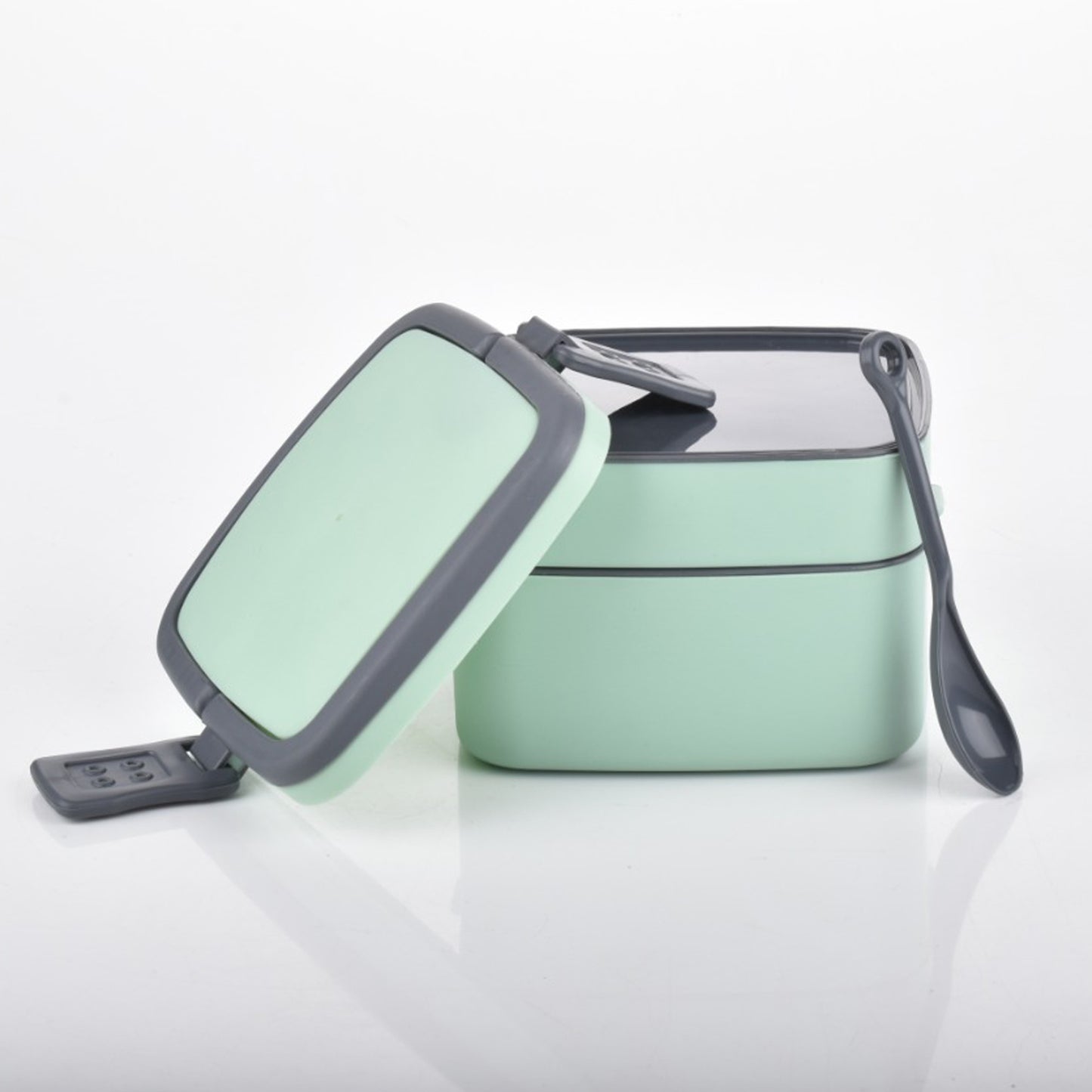 Green Double-Layer Stackable Lunch Box with Carry Handle & Included Spoon