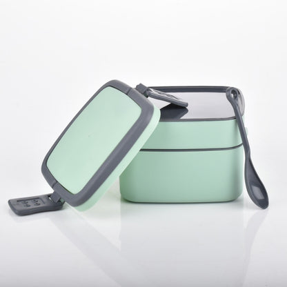 Green Double-Layer Stackable Lunch Box with Carry Handle & Included Spoon