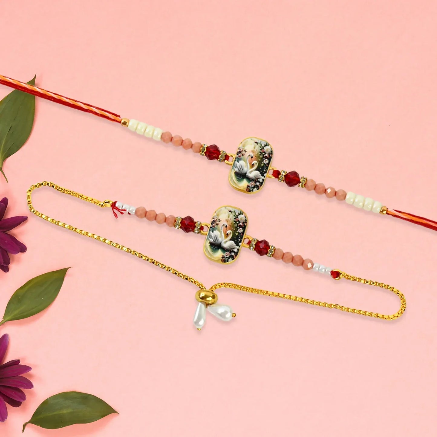Elegant Swan Design Bhaiya Bhabhi Rakhi Set Premium Printed Tile Rakhi With Crystal Beads Adjustable Bracelet - warehousetech13