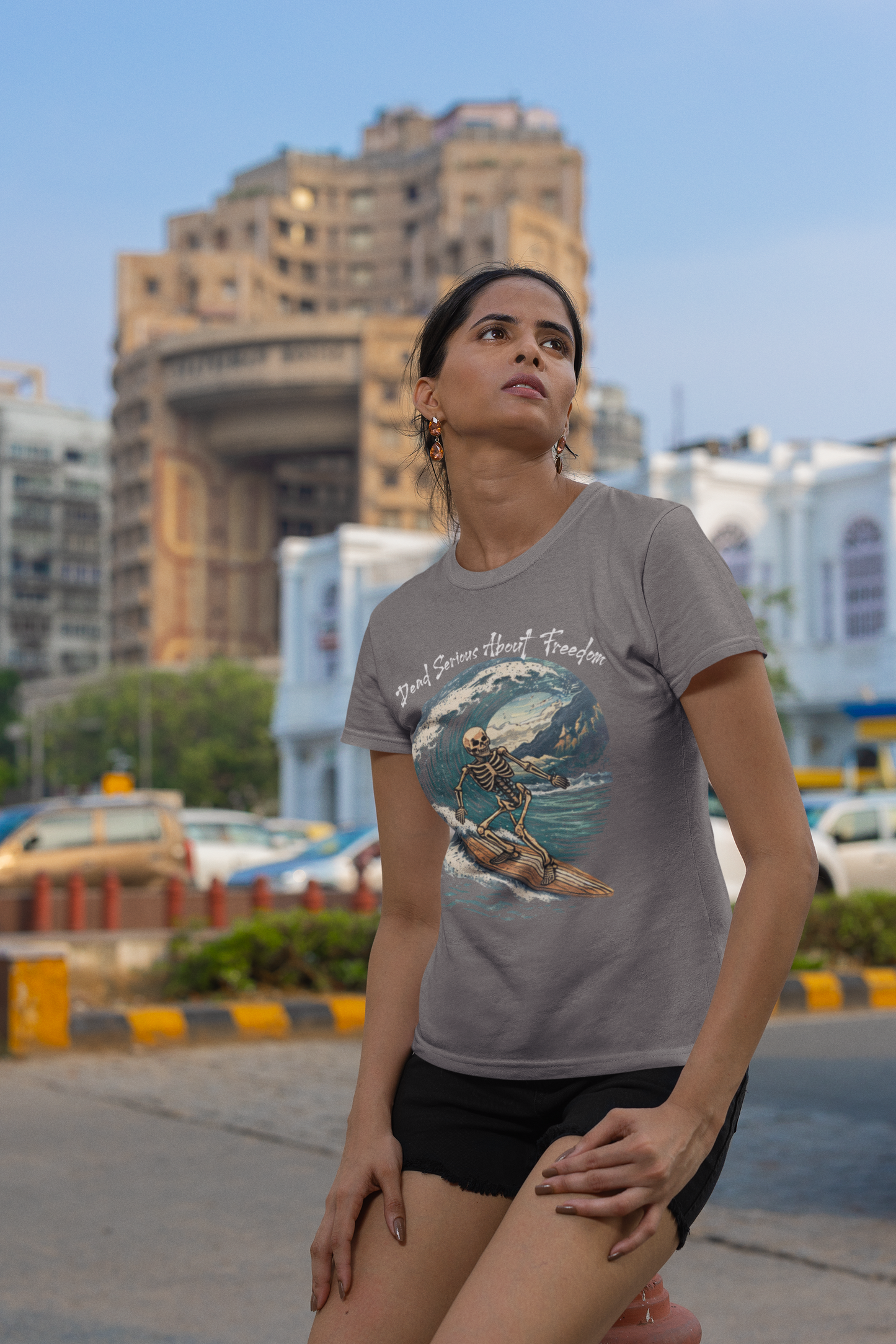 Dead Serious About Freedom Surfing Skeleton T‑Shirt