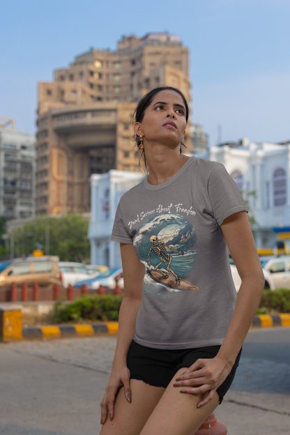 Dead Serious About Freedom Surfing Skeleton T-Shirt - Gray