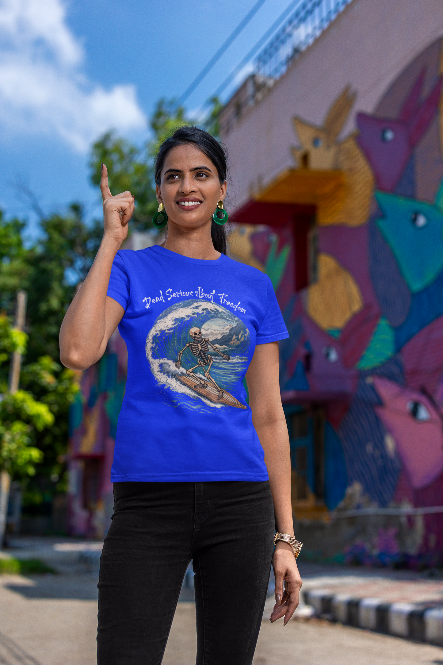 Dead Serious About Freedom Surfing Skeleton T‑Shirt