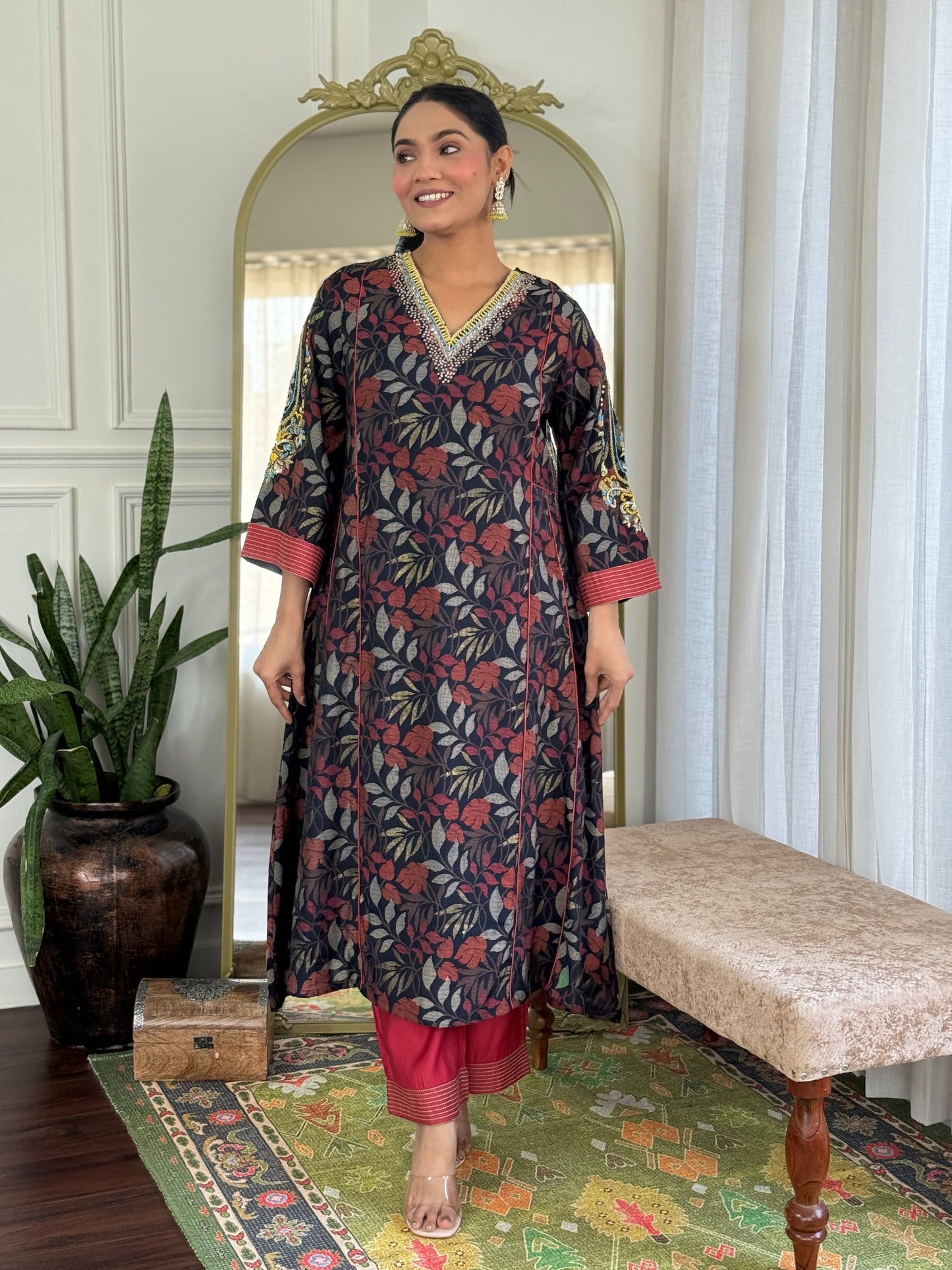 Rashmi Navy Multi-Color Embroidered Chanderi Silk Suit Set with Zari & Sequins