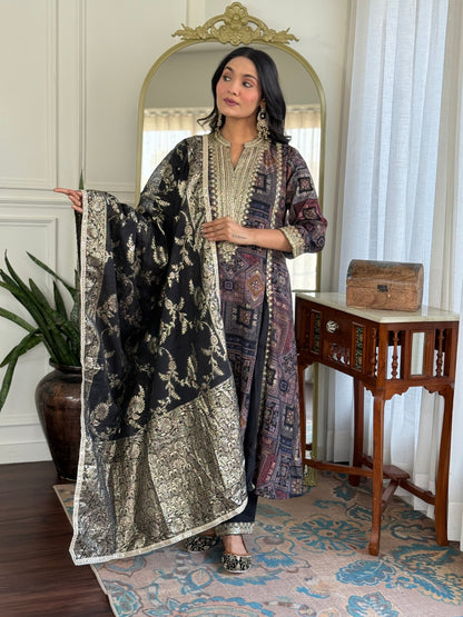 Rashmi Black Thread & Sequins Embellished Chanderi Silk Suit Set with Jacquard Dupatta