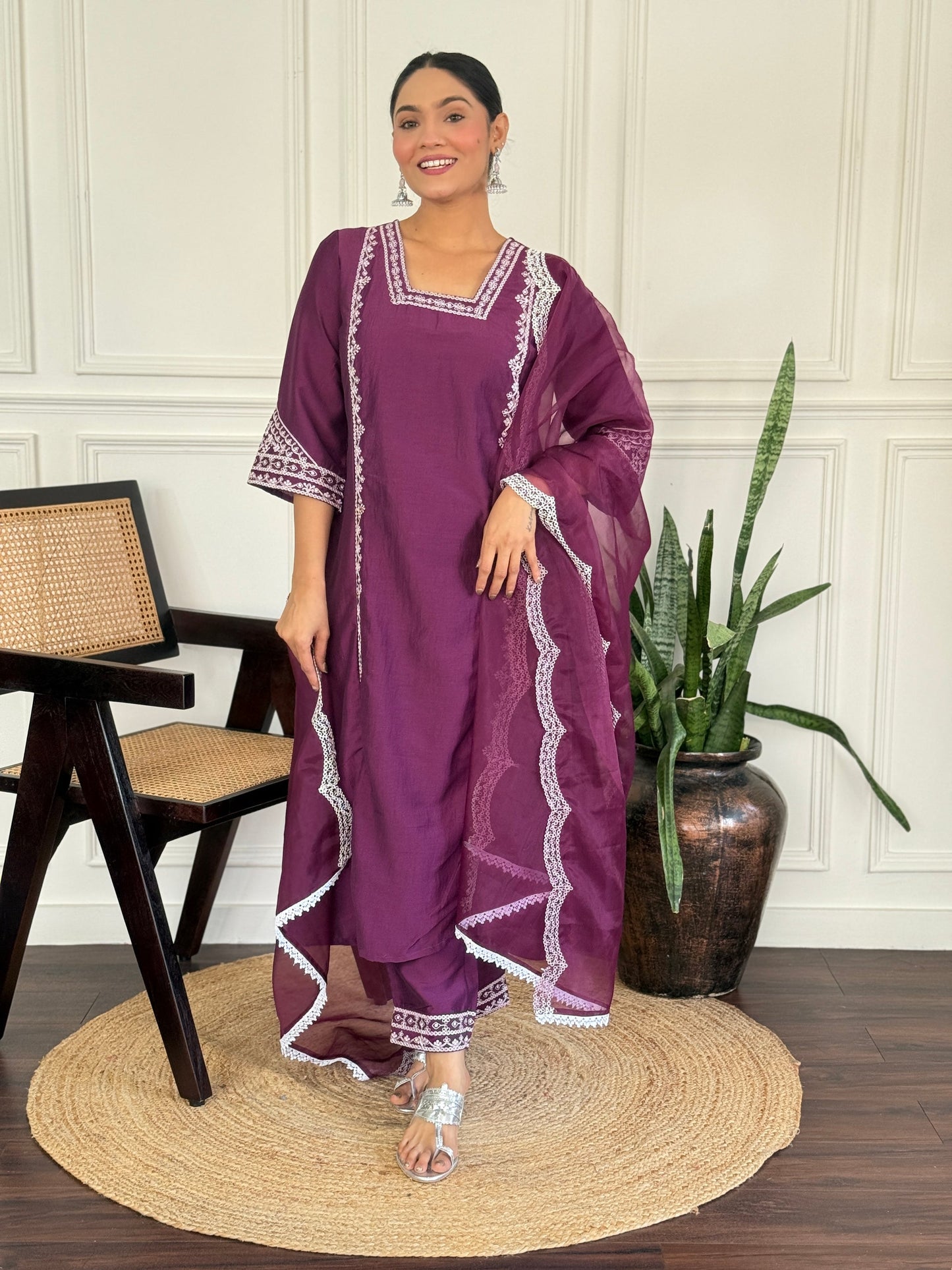 Kayra Wine Aari Embroidered Chinnon Silk A-Line Suit Set with Cotton Lining