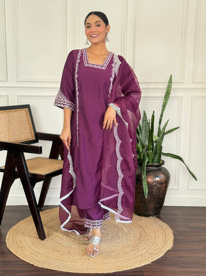 Kayra Wine Aari Embroidered Chinnon Silk A-Line Suit Set with Cotton Lining