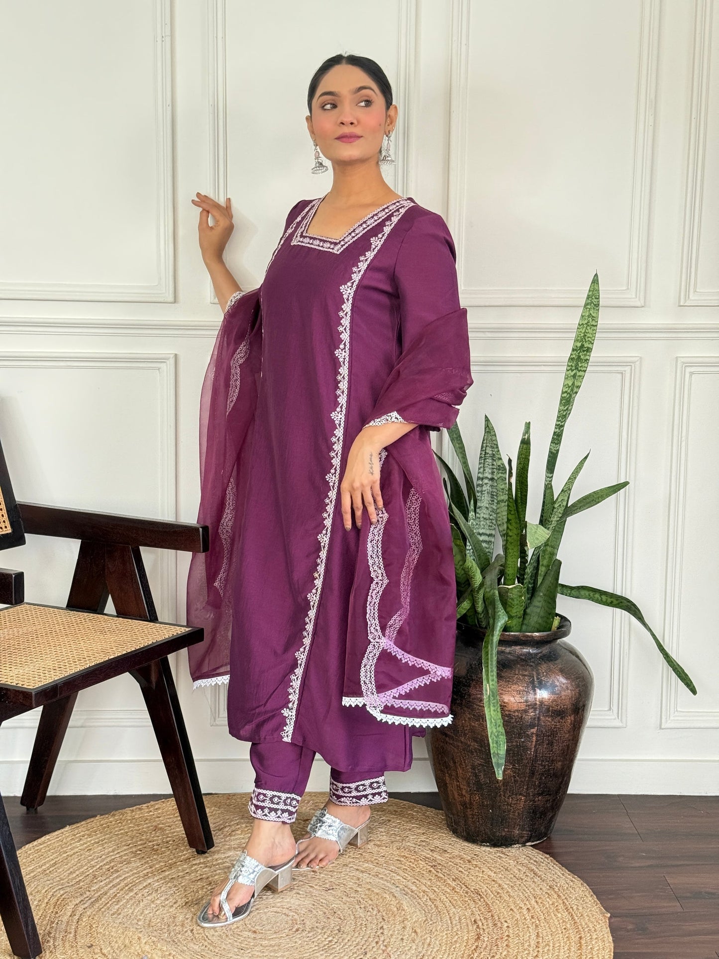 Kayra Wine Aari Embroidered Chinnon Silk A-Line Suit Set with Cotton Lining
