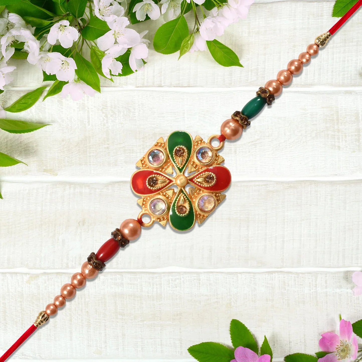 Elegant Meenakari Rakhi With Red-green Enamel Stones - warehousetech13