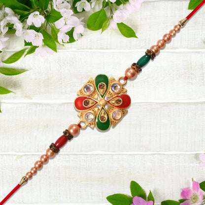 Elegant Meenakari Rakhi With Red-green Enamel Stones - warehousetech13