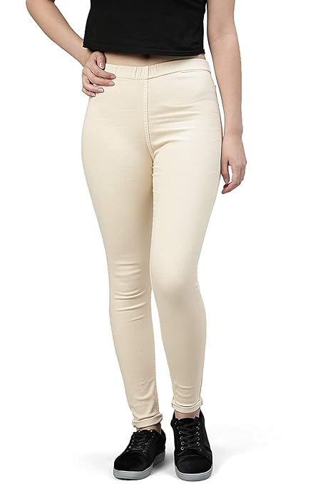 Beige Womens Slim Fit Denim Lycra Stretchable Jeggings - warehousetech13