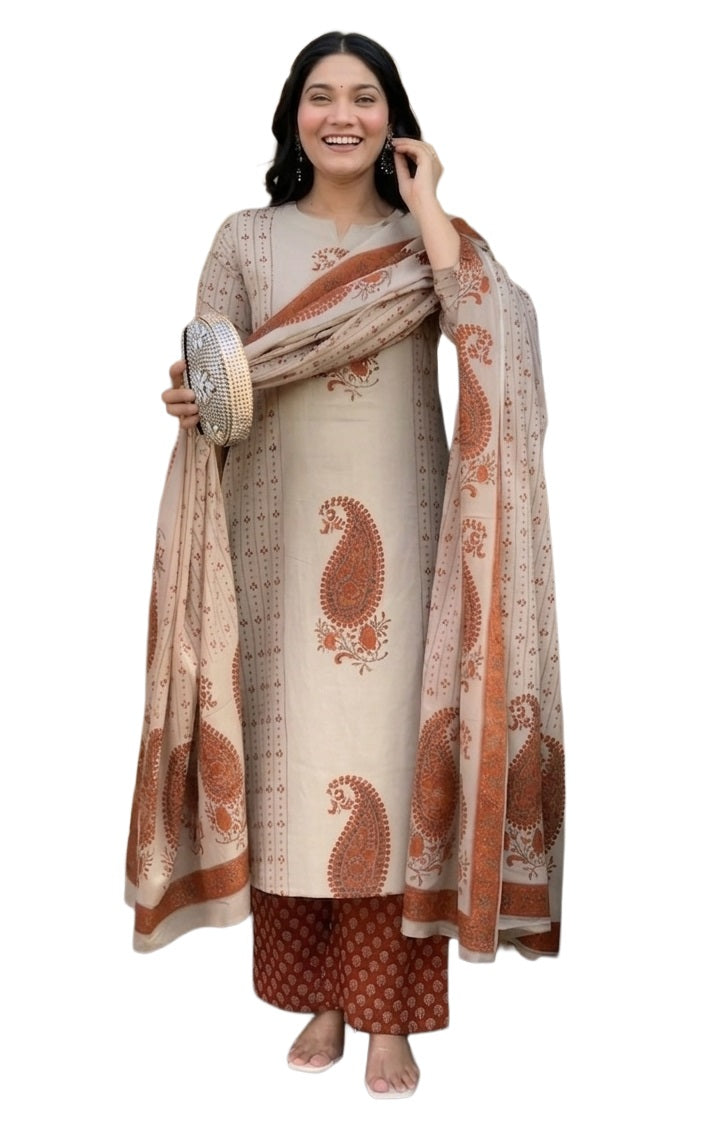 Rust Block Printed Viscose Straight Kurta Set with Palazzo & Dupatta