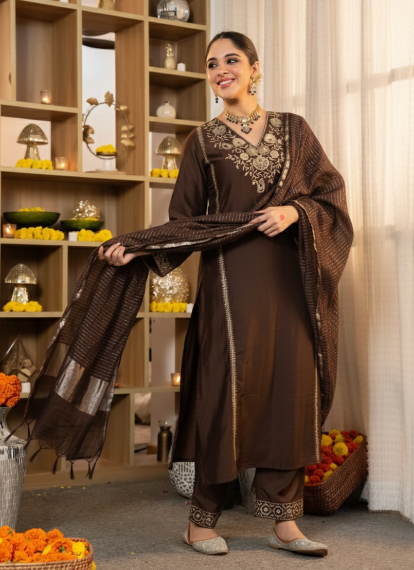Brown Embroidered Viscose Straight Kurta Set with Pants & Woven Dupatta