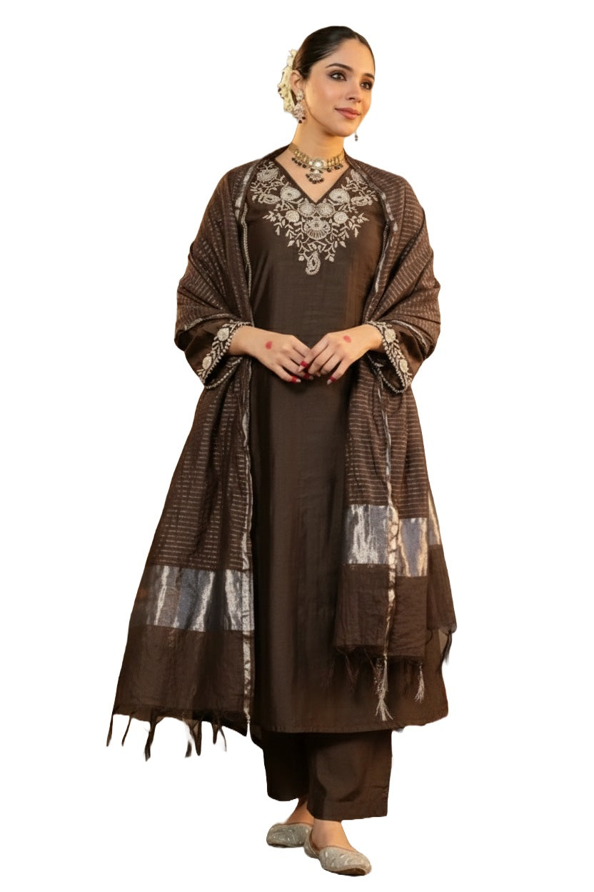 Brown Embroidered Viscose Straight Kurta Set with Pants & Woven Dupatta