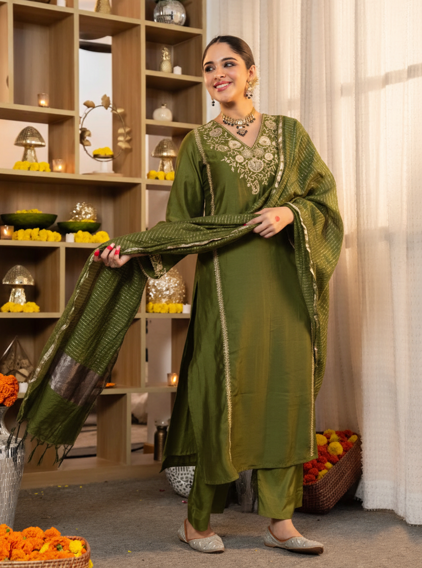 Mehendi Green Embroidered Viscose Straight Kurta Set with Pants & Woven Dupatta