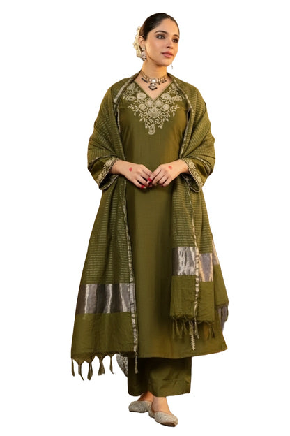 Mehendi Green Embroidered Viscose Straight Kurta Set with Pants & Woven Dupatta