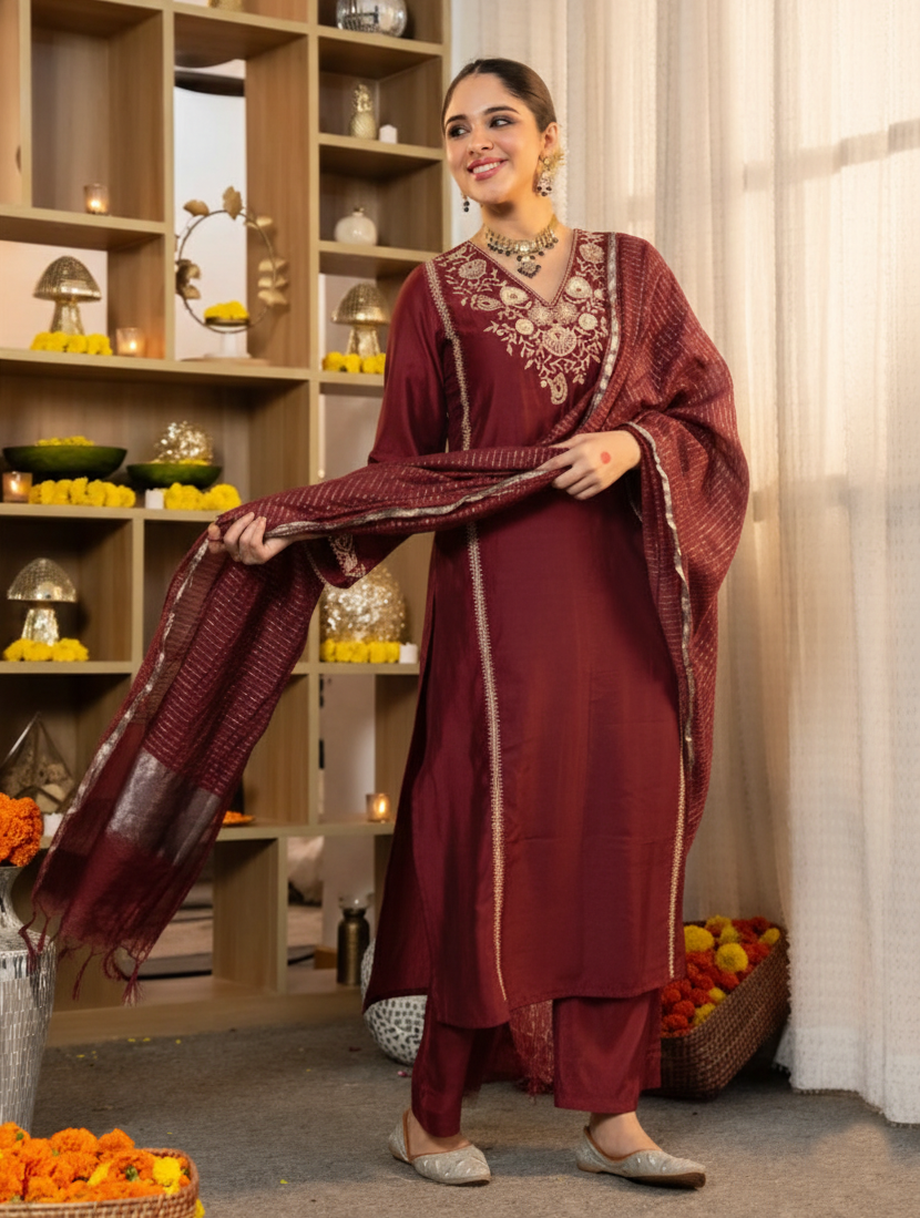 Maroon Embroidered Viscose Straight Kurta Set with Pants & Woven Dupatta