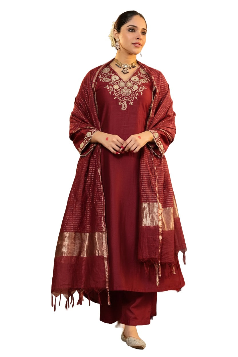 Maroon Embroidered Viscose Straight Kurta Set with Pants & Woven Dupatta