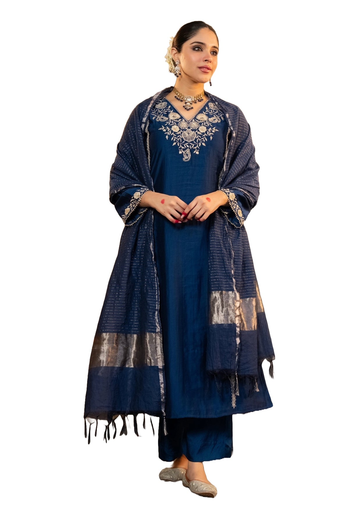 Navy Blue Embroidered Viscose Straight Kurta Set with Pants & Woven Dupatta