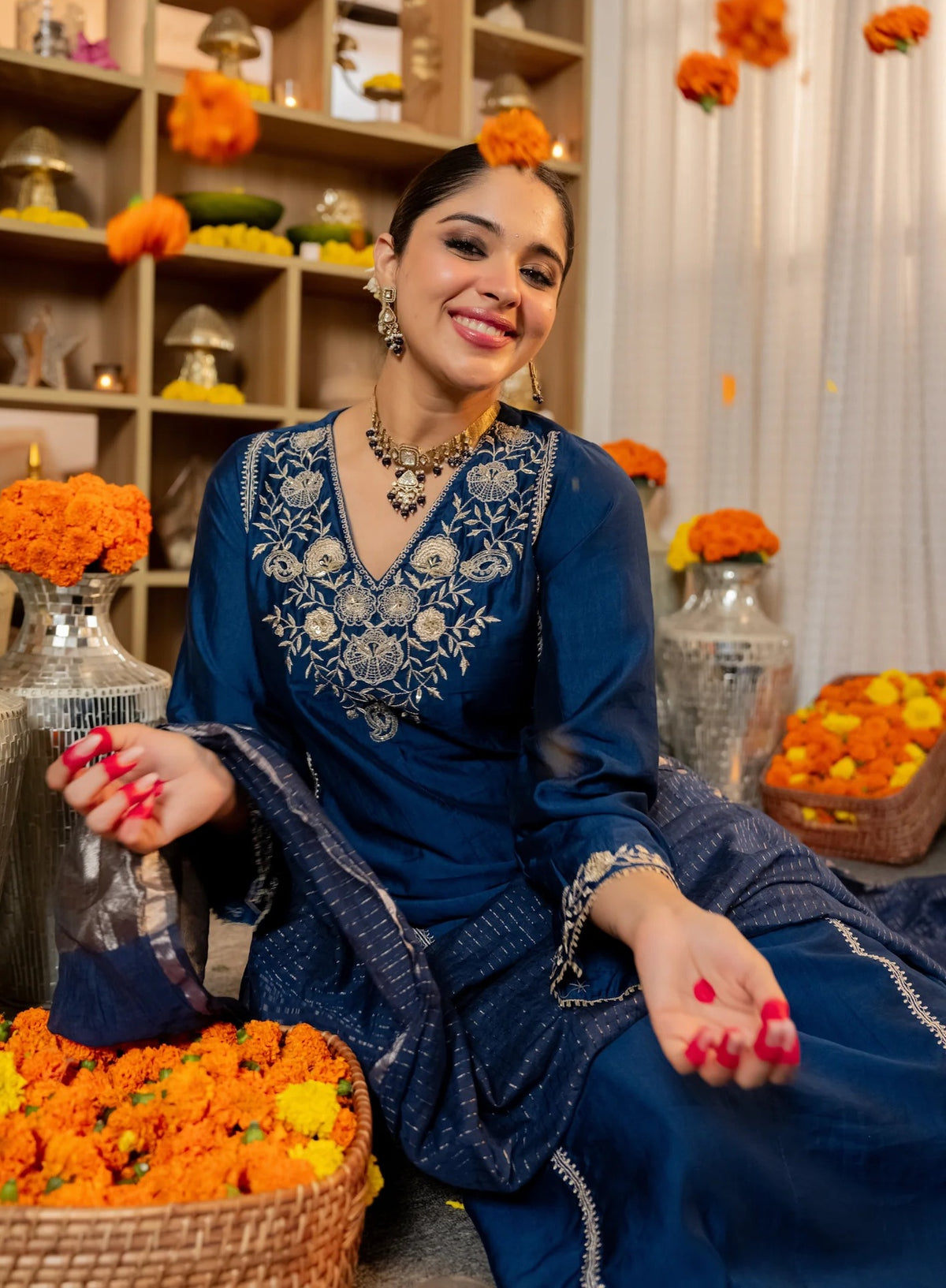 Navy Blue Embroidered Viscose Straight Kurta Set with Pants & Woven Dupatta