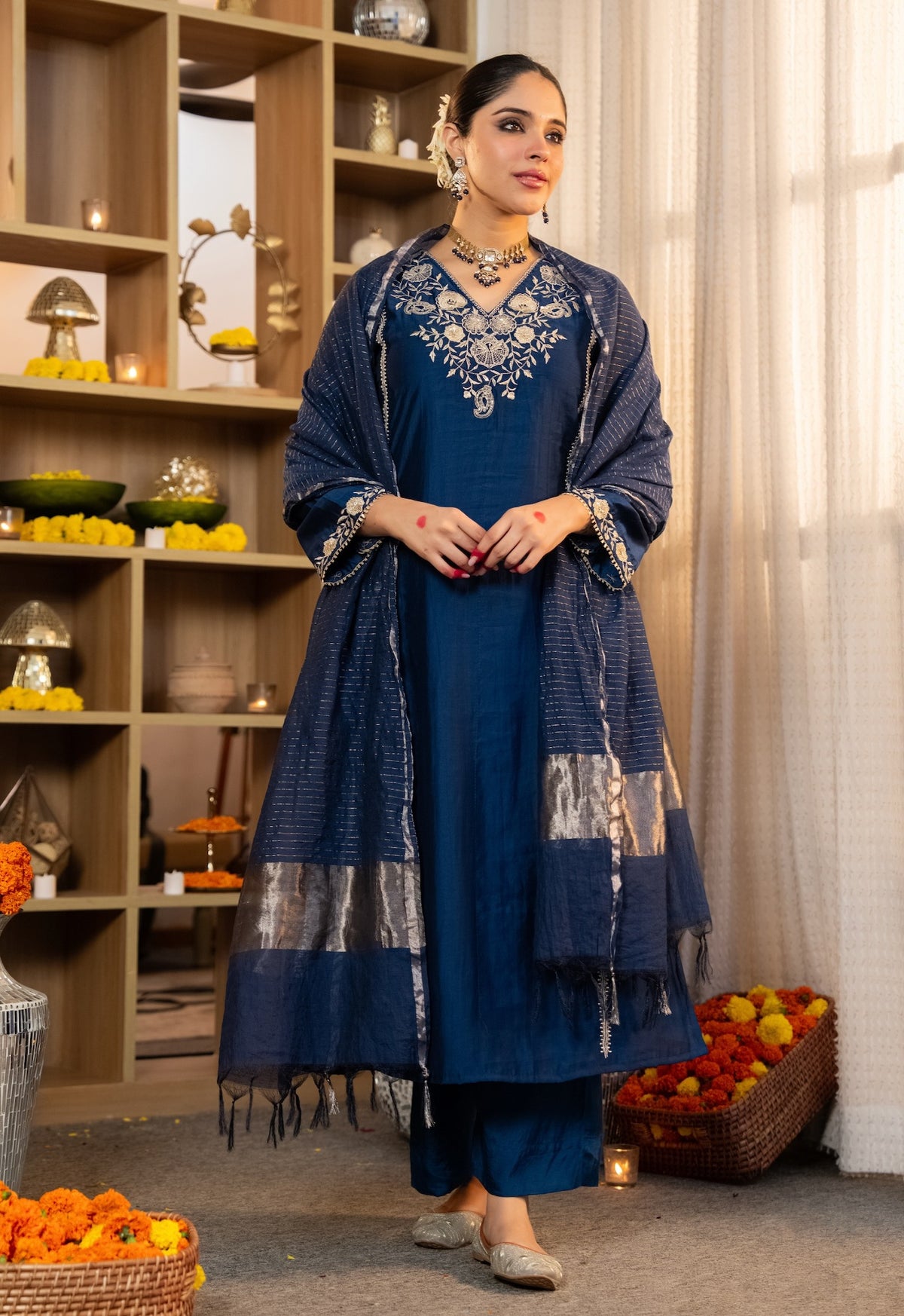 Navy Blue Embroidered Viscose Straight Kurta Set with Pants & Woven Dupatta