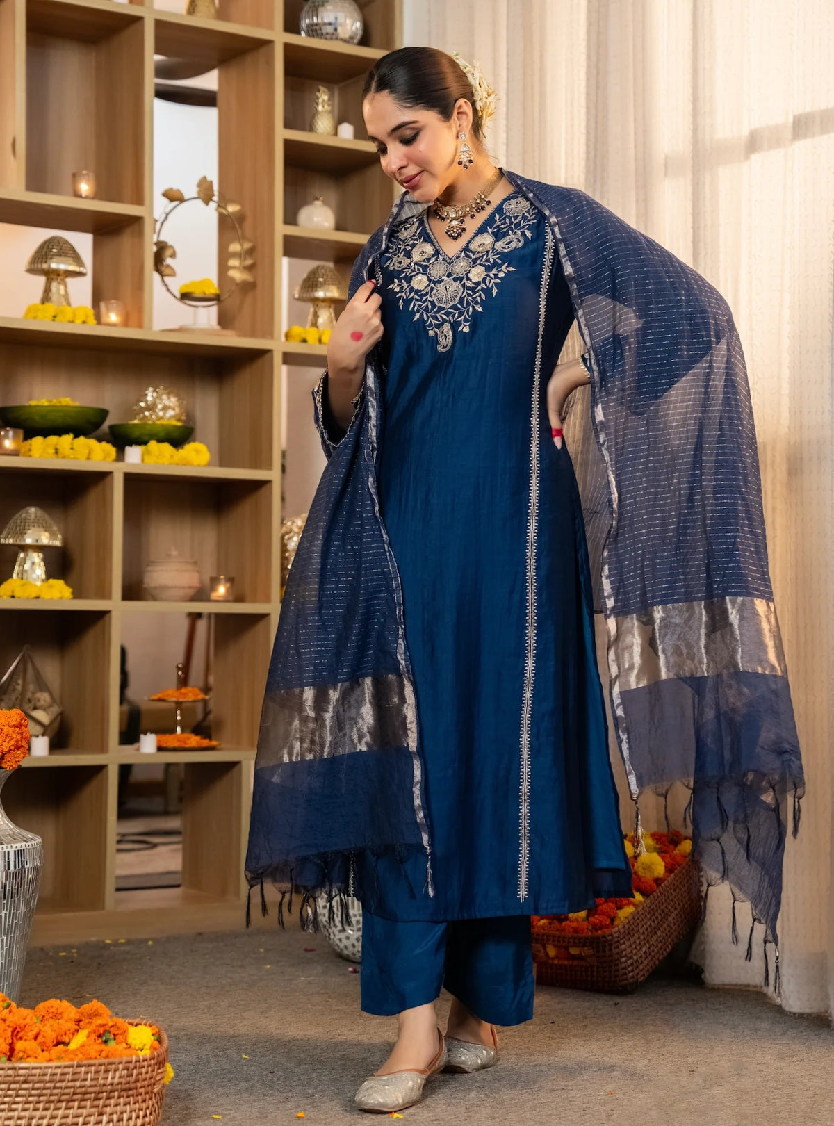 Navy Blue Embroidered Viscose Straight Kurta Set with Pants & Woven Dupatta