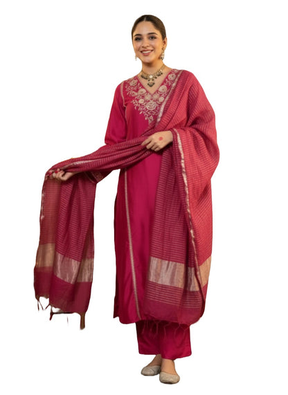 Rani Pink Embroidered Viscose Straight Kurta Set with Pants & Woven Dupatta