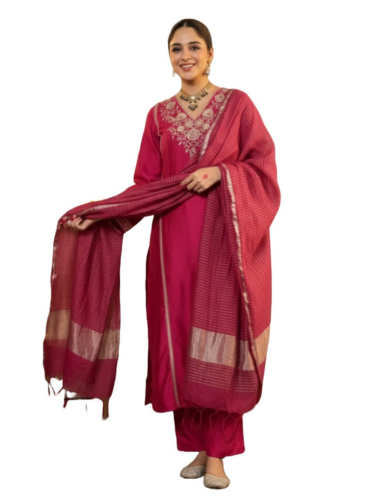 Rani Pink Embroidered Viscose Straight Kurta Set with Pants & Woven Dupatta