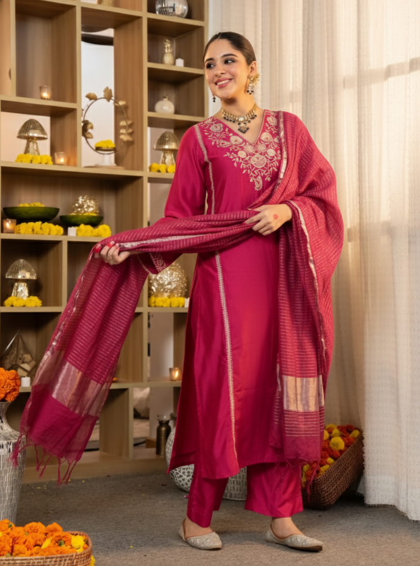 Rani Pink Embroidered Viscose Straight Kurta Set with Pants & Woven Dupatta