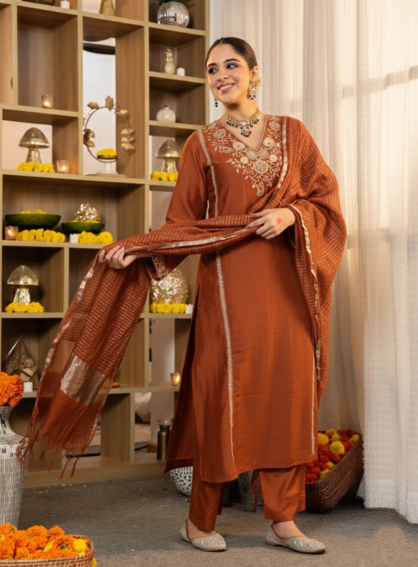 Rust Embroidered Viscose Straight Kurta Set with Pants & Woven Dupatta