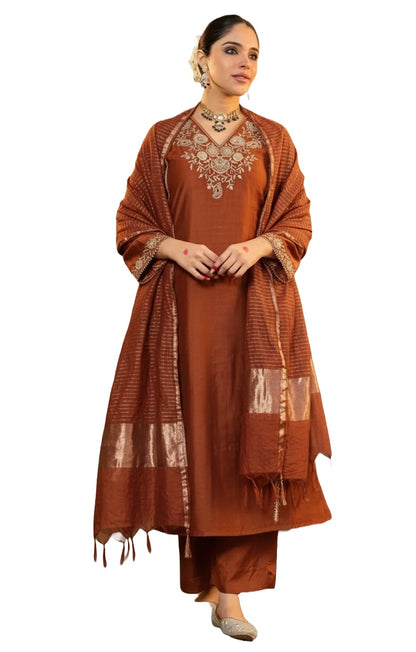 Rust Embroidered Viscose Straight Kurta Set with Pants & Woven Dupatta