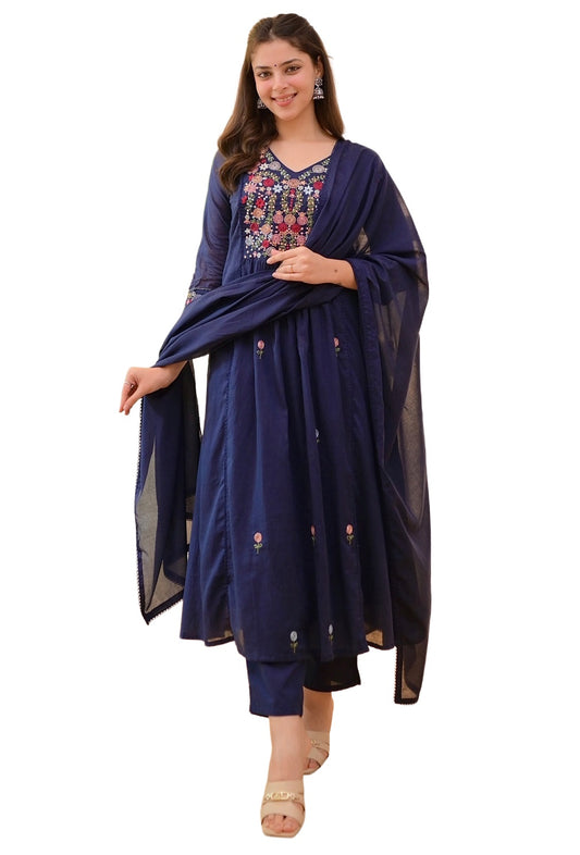 Blue Embroidered Viscose Kurta Pant Set with Dupatta