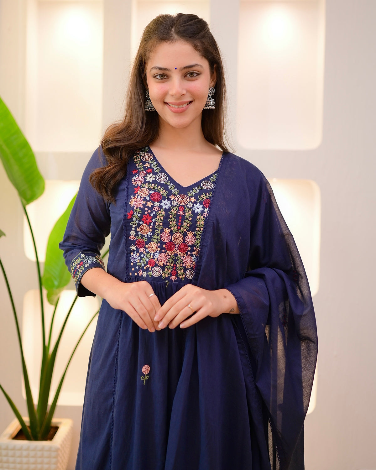 Blue Embroidered Viscose Kurta Pant Set with Dupatta