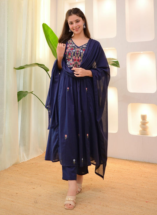 Blue Embroidered Viscose Kurta Pant Set with Dupatta