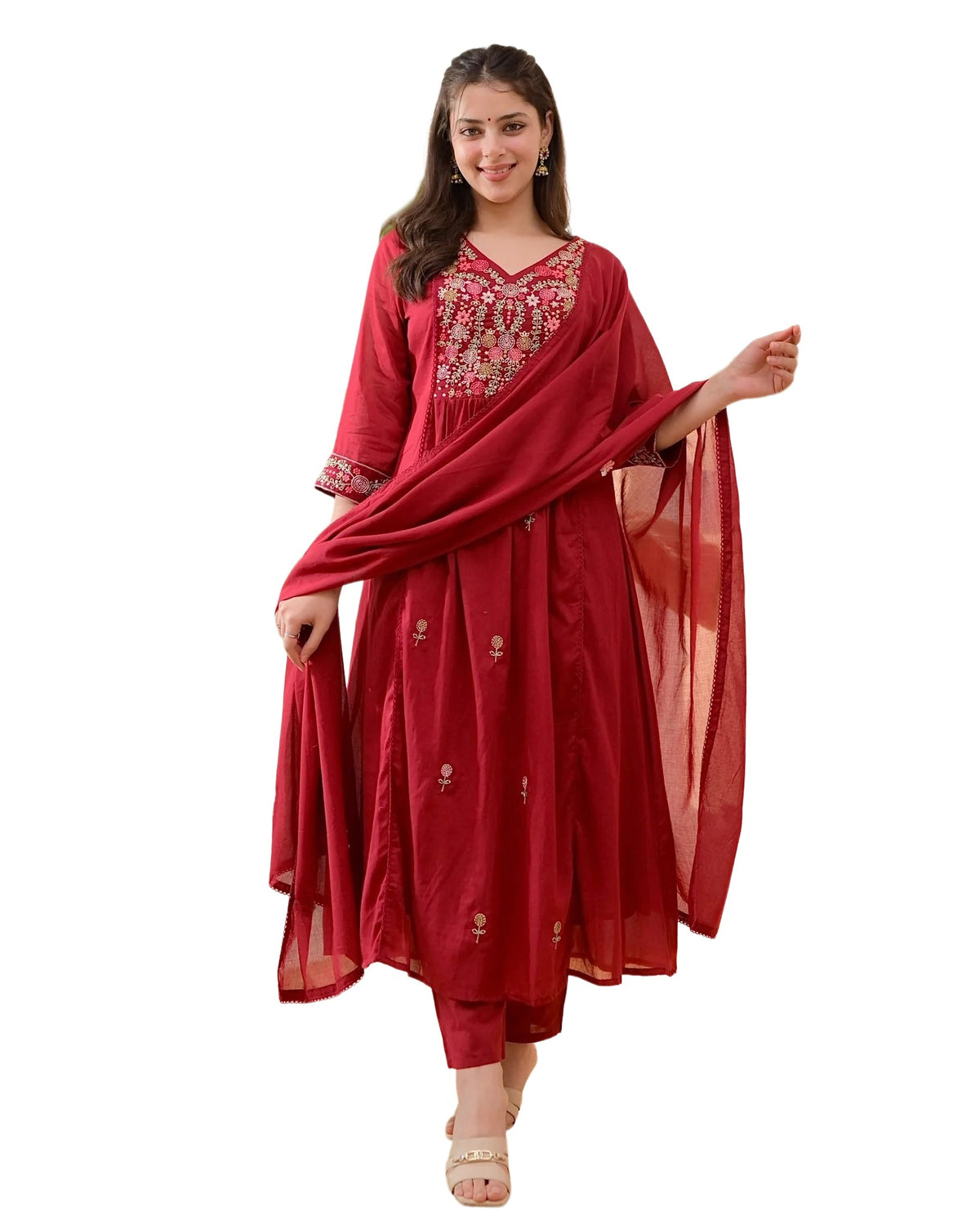 Red Embroidered Viscose Kurta Pant Set with Dupatta